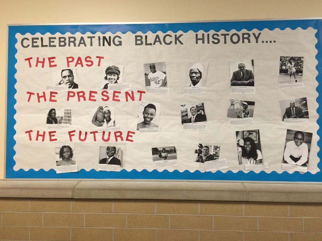 Text on the top in black reads Celebrating Black History.  Red text says The Past with photos, then the Present with photos, then the Future with more photos.