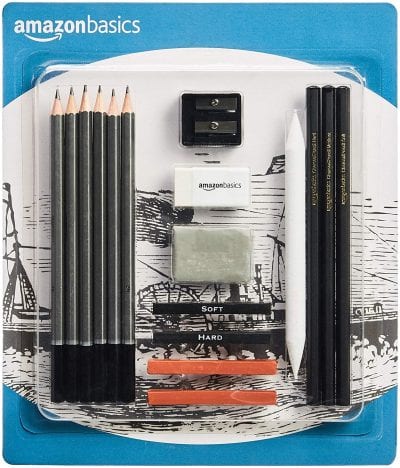 Amazon Basics suministros de dibujo con lápices, gomas de borrar, sacapuntas