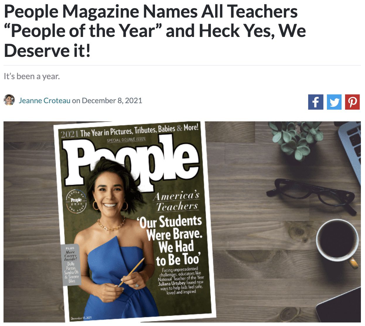 Screencap of an article about People magazine naming teachers People of the Year