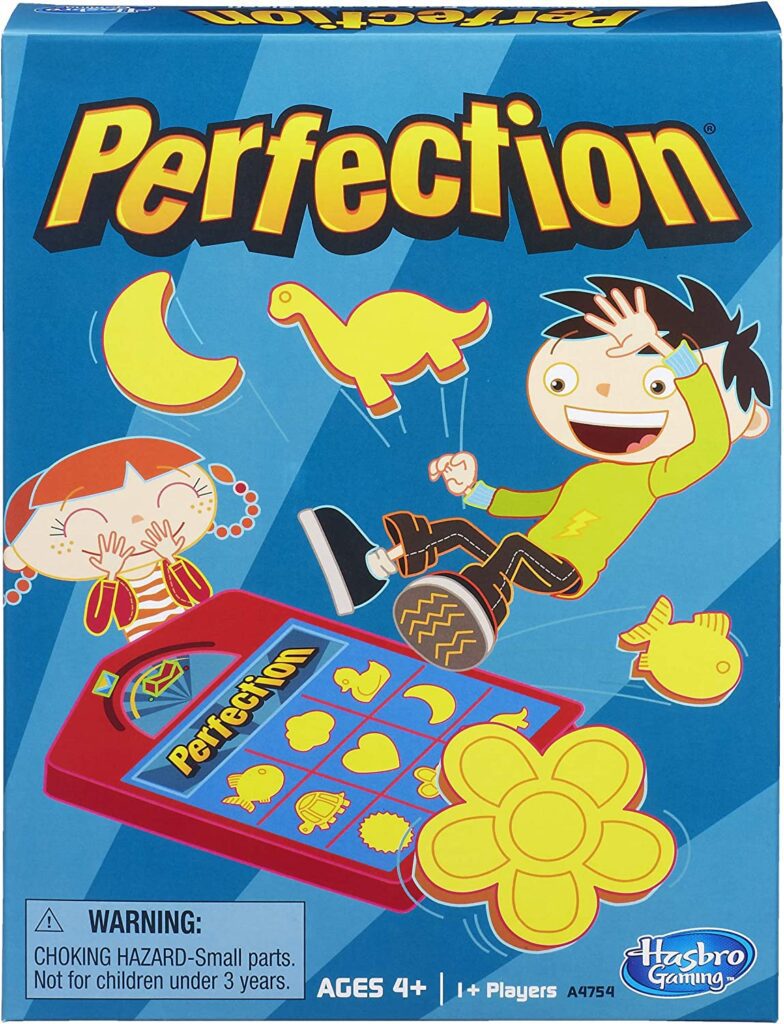 Two cartoon children play a game that is on a red board and has different shaped yellow buttons in it, some are shown flying up from the board.