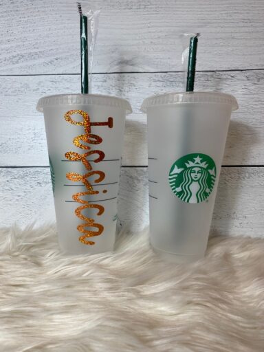 Clear Starbucks Cold Cup with customized name 'Jessica' in gold glitter
