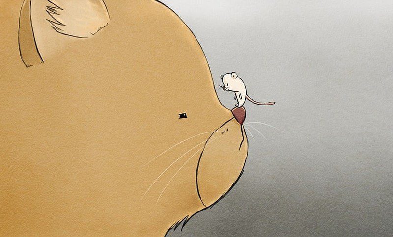 Una ilustración de dibujos animados de un gran oso con un pequeño ratón parado sobre su nariz, mirándolo a los ojos (pista para escribir una imagen)