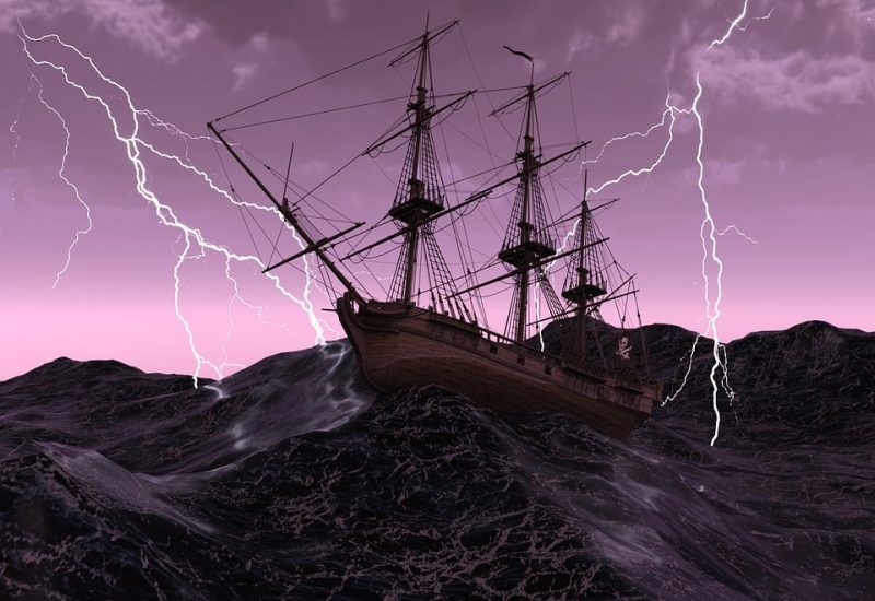 A pirate ship on stormy seas, with a purple sky and dramatic streaks of lightning 