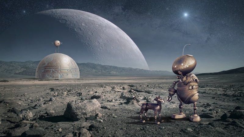 Una escena espacial que muestra un robot y un perro robot parados en la superficie de un planeta alienígena, con un hábitat abovedado detrás.