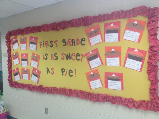Bulletin board with pie decals on it