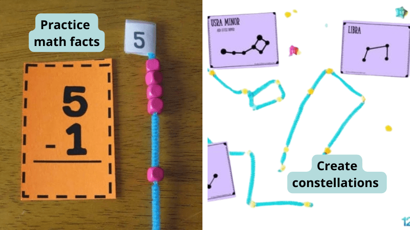 Pipe cleaner crafts and learning activities, including practicing math facts and creating constellations.