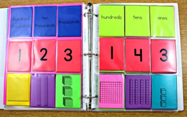 Clear pocket pages in a binder with place value headers and numbers