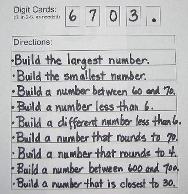  Feuille de calcul avec les chiffres 3703 en haut, et des instructions pour construire le plus grand nombre, construire le plus petit nombre, etc. (Activités de Valeur du Lieu)