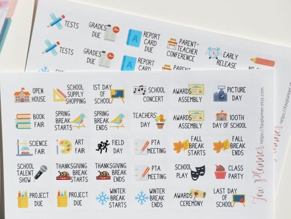 Sticker sheet of classroom organization stickers.