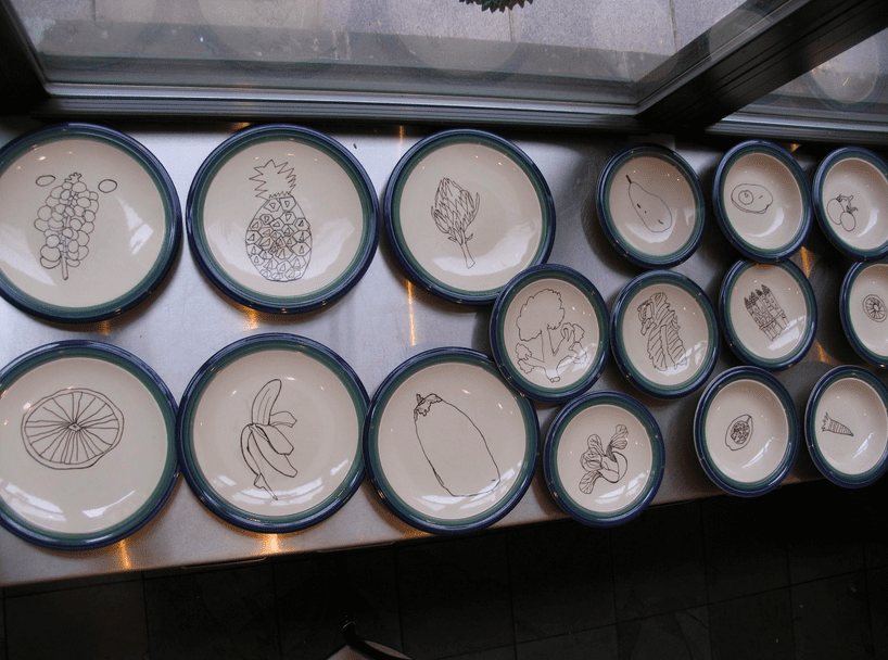 art auction projects- a row of plates decorated with hand-drawn images