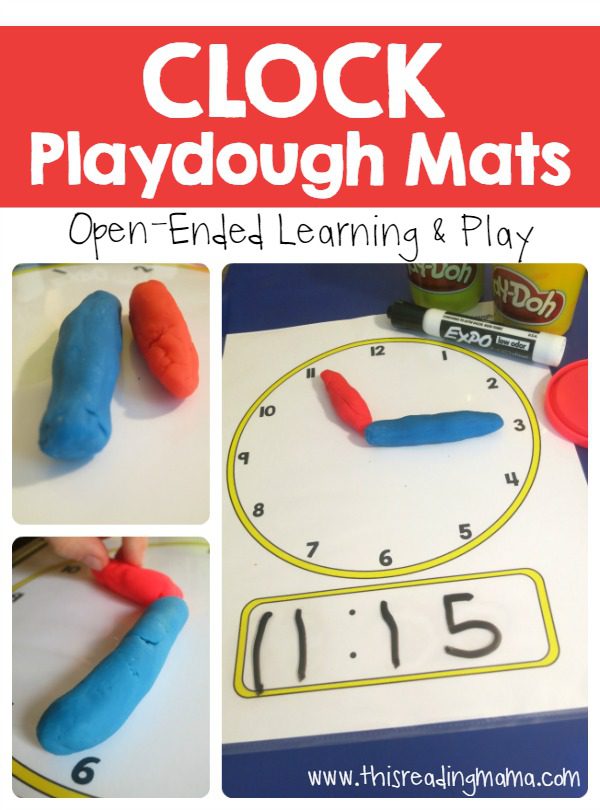A mat has a picture of a clock on it and play dough has been used as the hands of the clock (telling time)
