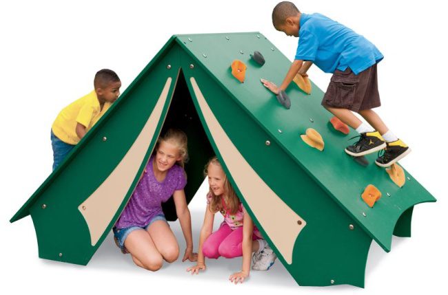 Playground equipment shaped like a pup tend, with children sitting inside and climbing on top