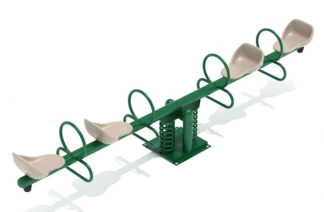 Four-person teeter totter in green and beige