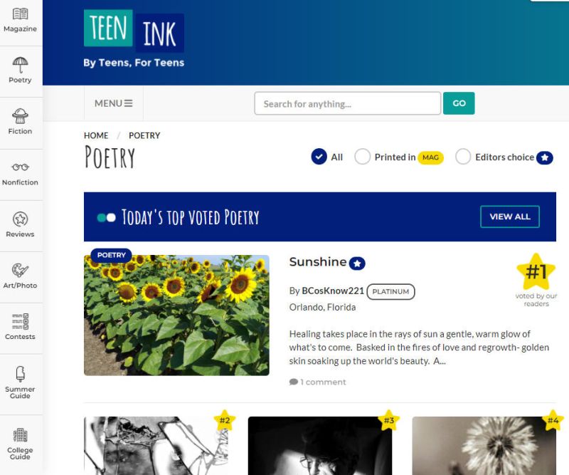 Screen shot from Teen Ink, a poetry website