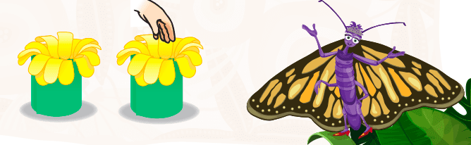 illustration of butterfly and hand reaching into the center of paper flowers; pollination insect activities