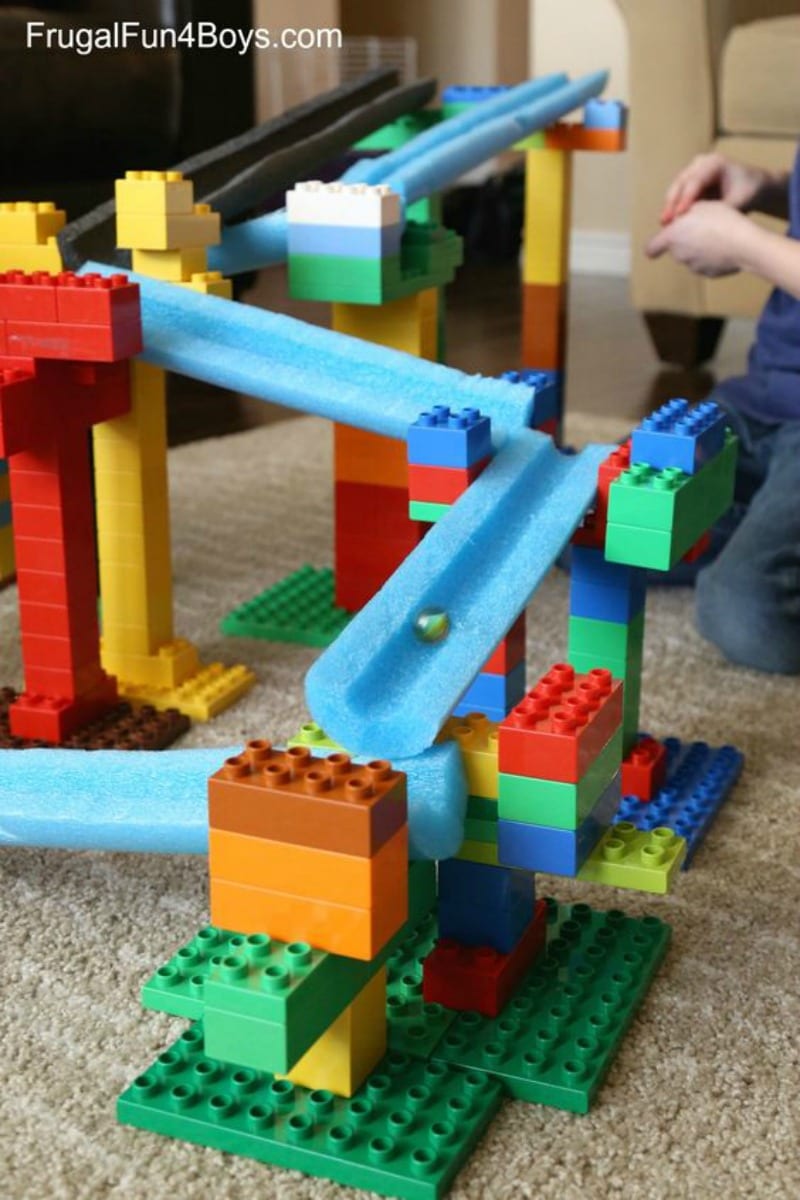 A marble slide using legos and cut pool noodles.