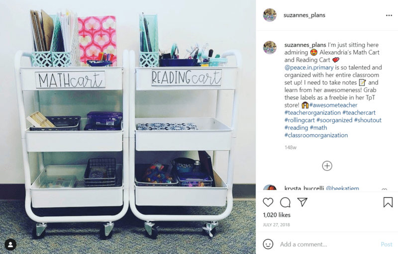 Two white, three level teacher carts labeled math cart and reading cart, respectively, full of school supplies