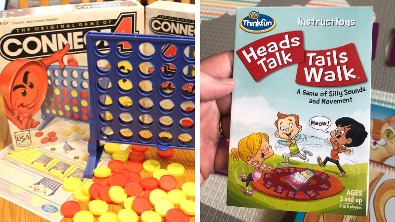 Examples of preschool games including Connect for and Heads Talk, Tails Walk