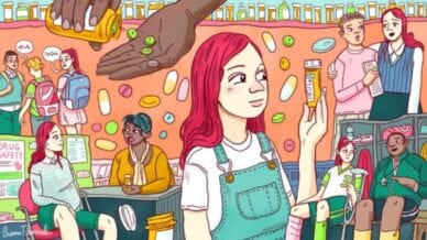 Illustration of girl surrounded by prescription drugs