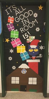 Pete the Cat and Christmas presents on door