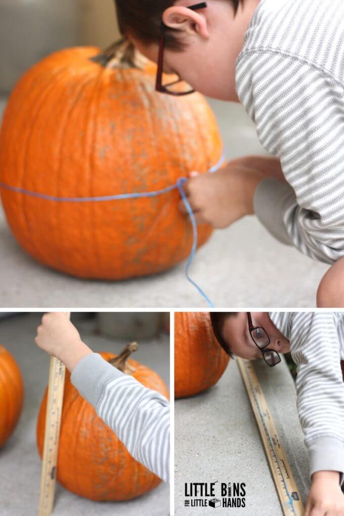 a collage of pictures showing a young boy measuring a pumpkin