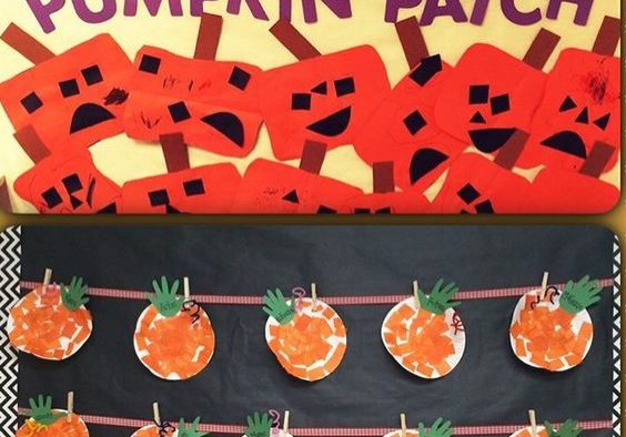 Fall bulletin boards should include pumpkins like these. The top has cute construction paper jack o' lanterns and the bottom has pumpkins painted on paper plates. All appear to be student work.