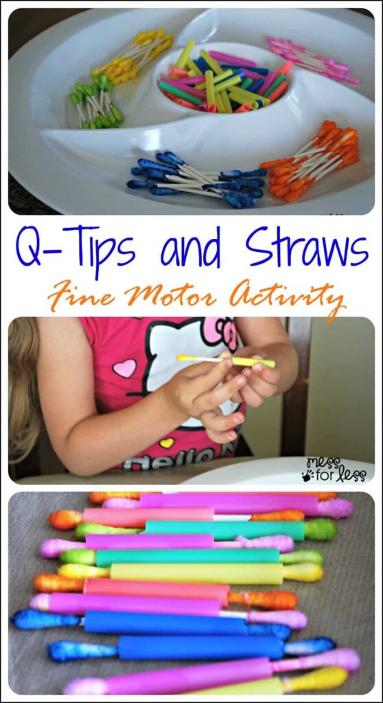 A little girl is seen stringing straw pieces onto colored q-tips. 