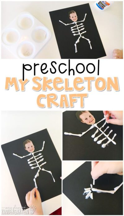 Black paper has a photo of a little girl's head on it. Q-tips of varying sizes have been used to construct the skeleton body (Halloween Activities)
