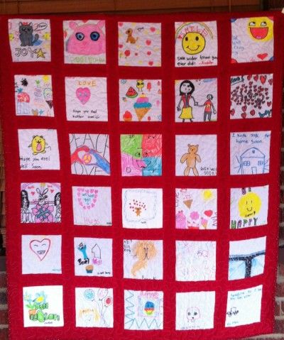 art auction ideas- a colorful quilt made from squares created by individual students 