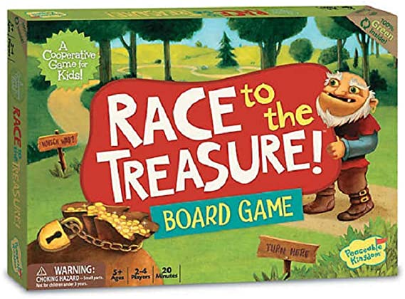 Box for the Race to the Treasure game showing an ogre peeking at a bag of gold- best board games for preschoolers