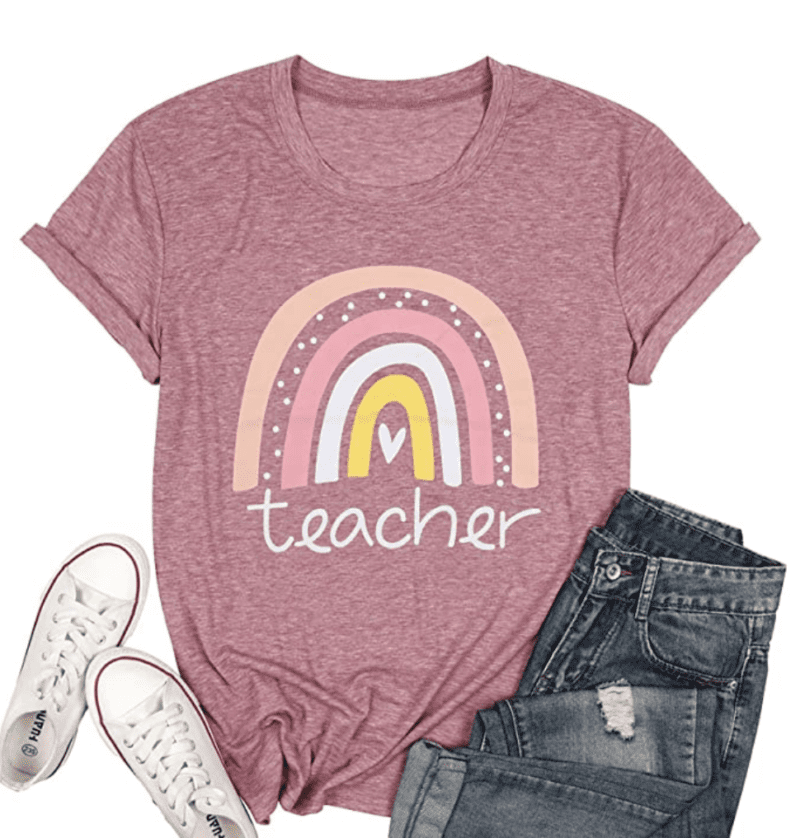 Camiseta de profesor arcoíris rosa