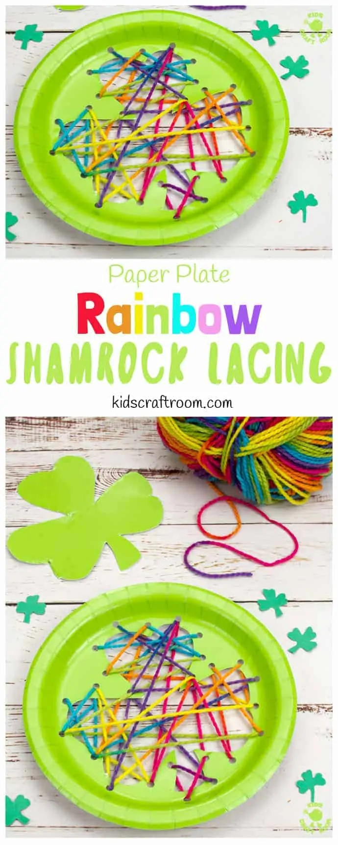 A green paper plate has holes cut in it with rainbow yarn sewn through it. 