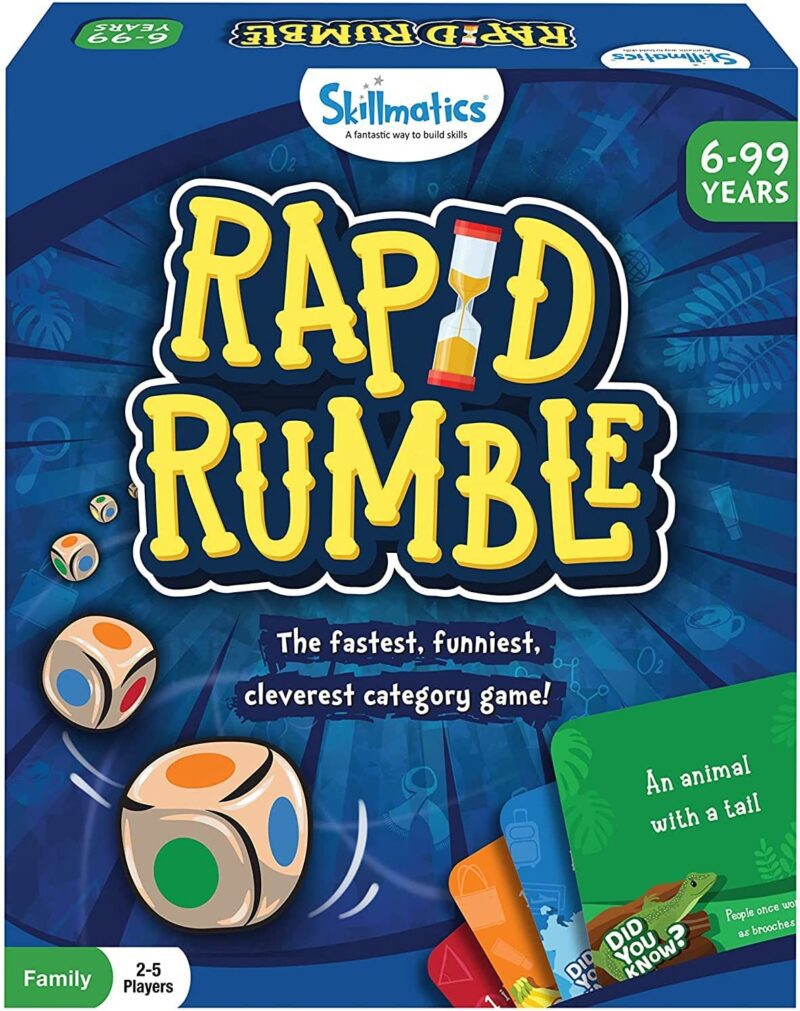 A blue box says Rapid Rumble and has die on it with different colored dots. Playing cards are also shown on the box. (educational board games)