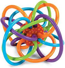 A multi-colored rattle has many rubbery tubes intertwined (sensory toys)