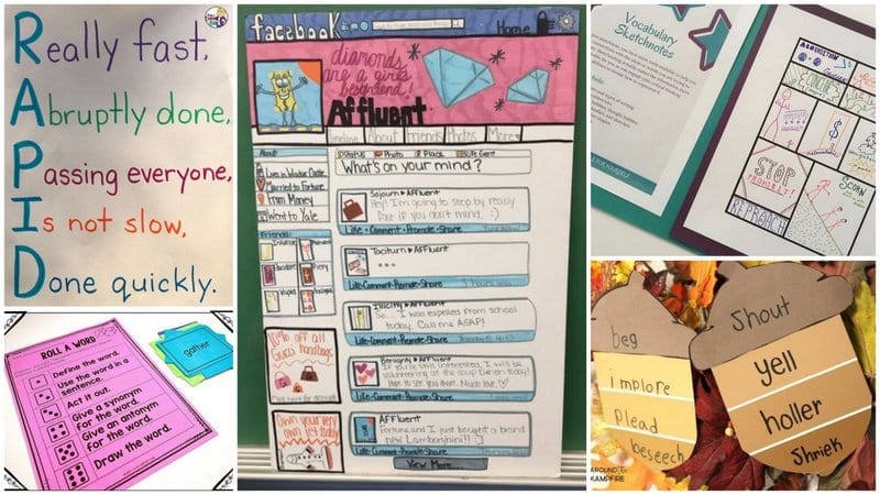 Five images of vocabulary activities for fourth graders