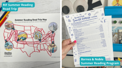 This image has two pictures. The one on the left is of the RIF summer reading road trip printable and the right side shows the barnes and noble summer reading journal.
