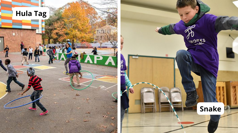 Examples of old school recess games including hula tag and snake