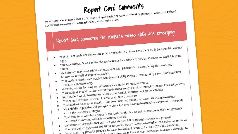 A close-up of the printable report card comments pdf on a sunny yellow background.