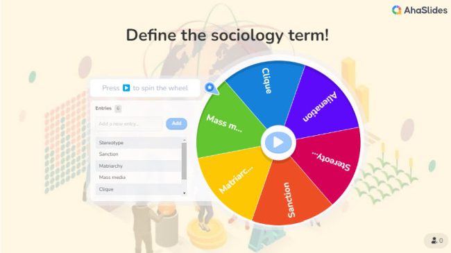 Slide with spinner wheel to help students review vocabulary terms