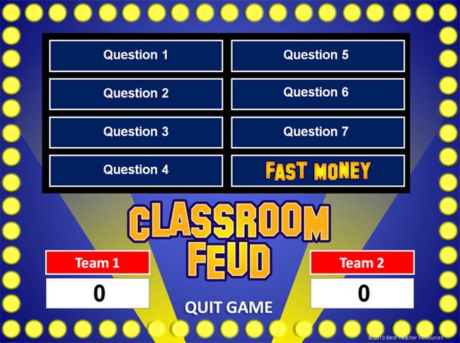 Diapositiva del juego de revisión Classroom Feud.