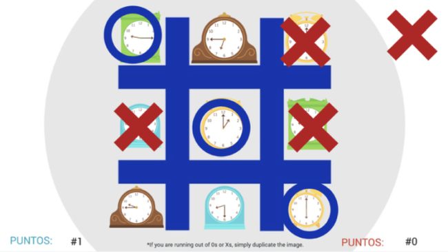 Tic Tac Toe Jamboard slide with analog clocks for classroom review games