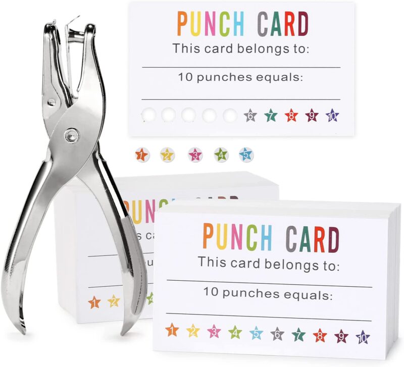 A metal hole punch is pictured with a set of cards that reads Punch Card, This Card Belongs To, and 10 Punches Equal. Teachers can fill in the blanks.