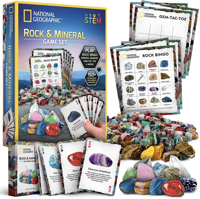 A box says Rock and Mineral Game Set. It shows several bingo cards and cards with different rocks and minerals on it.