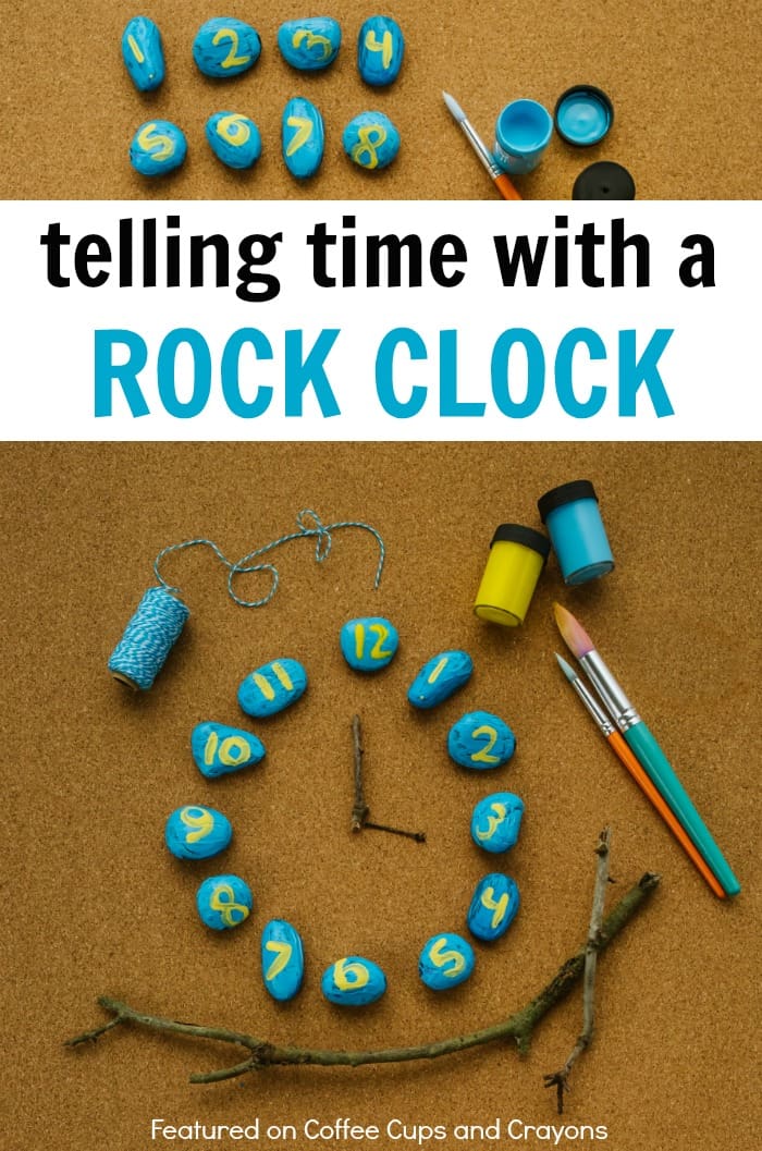 Rocks are painted blue with yellow numbers and are setup in a circle to create a clock.