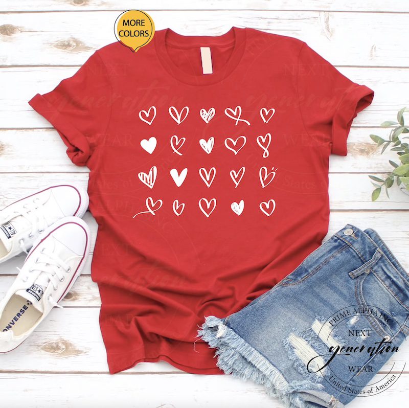 Red shirt with rows of white hearts