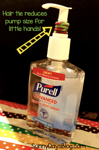 Rubber band on hand sanitizer to dispense less