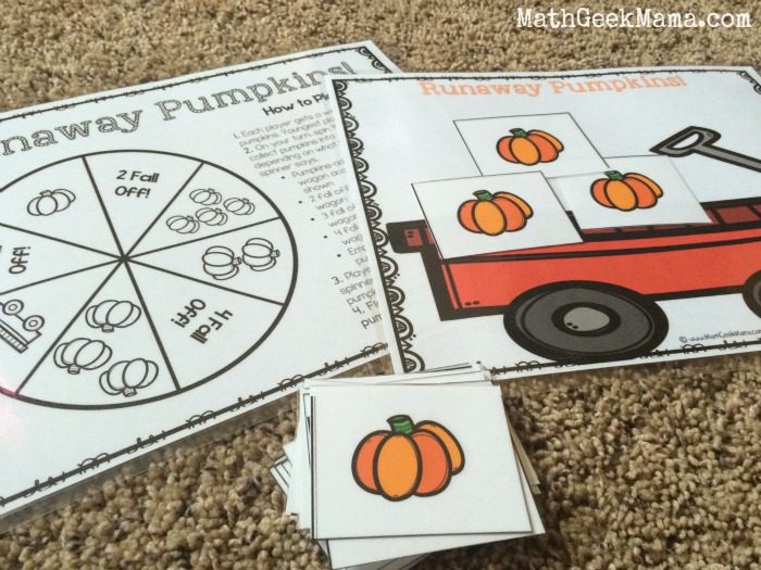 game pieces and game board for Runaway Pumpkins game for young learners