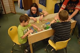 Students playing with sand table, as an example of sensory room ideas