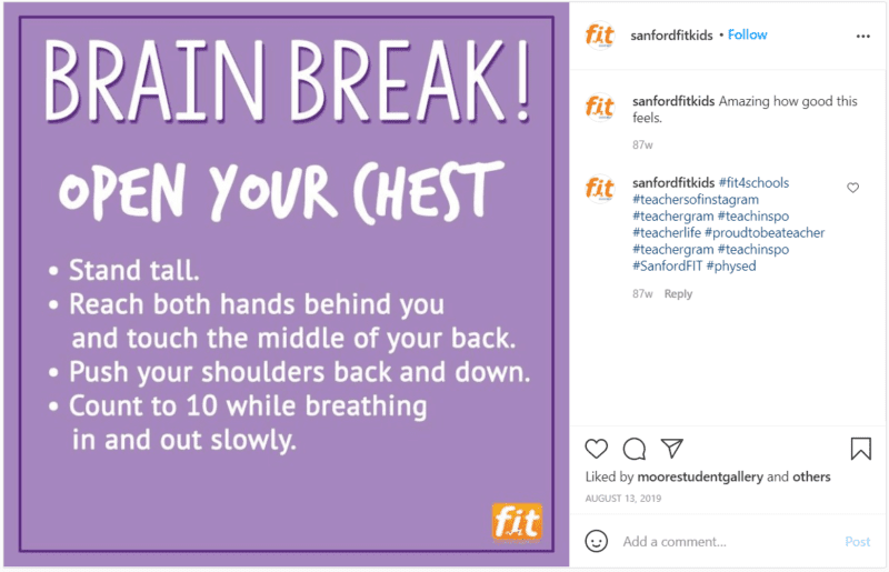 Still of open your chest brain break sanfordfitkids Instagram post