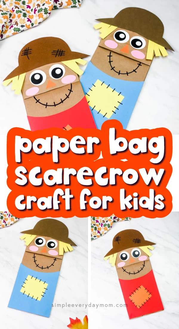 Korkuluk kuklaları kahverengi kağıt torbalardan ve inşaat kağıtlarından yapılmıştır.  Metin okur, "çocuklar için kağıt torba korkuluk zanaat"
